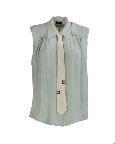 Shop ELISABETTA FRANCHI  Camicia: Elisabetta Franchi camicia svasata in georgette di viscosa con cravatta lettering.
Spalline imbottite.
Bottoni in tono.
Accessorio in metallo dorato.
Tessuto: 100% Viscosa.
Fabbricato in Italia.. CA03941E2-BV9ACQUA